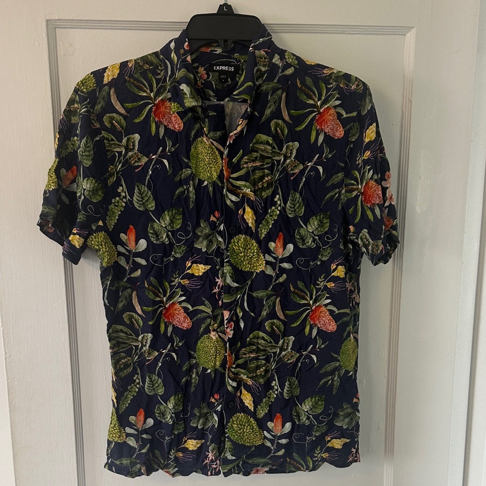 Express Navy Tropical Floral Button-Down Shirt with Green & Orange Accents